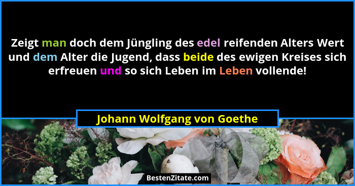 Zeigt man doch dem Jüngling des edel reifenden Alters Wert und dem Alter die Jugend, dass beide des ewigen Kreises sich e... - Johann Wolfgang von Goethe