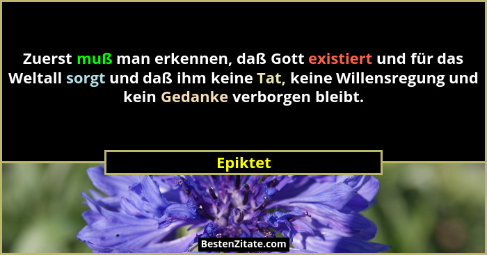 Zuerst muß man erkennen, daß Gott existiert und für das Weltall sorgt und daß ihm keine Tat, keine Willensregung und kein Gedanke verborgen... - Epiktet