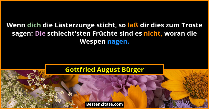 Wenn dich die Lästerzunge sticht, so laß dir dies zum Troste sagen: Die schlecht'sten Früchte sind es nicht, woran die W... - Gottfried August Bürger