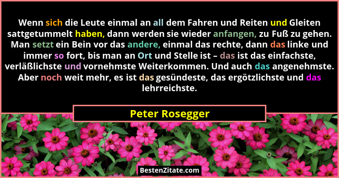 Wenn sich die Leute einmal an all dem Fahren und Reiten und Gleiten sattgetummelt haben, dann werden sie wieder anfangen, zu Fuß zu g... - Peter Rosegger