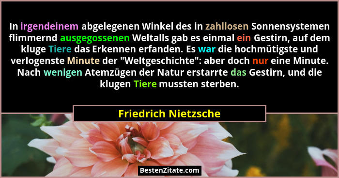 In irgendeinem abgelegenen Winkel des in zahllosen Sonnensystemen flimmernd ausgegossenen Weltalls gab es einmal ein Gestirn, au... - Friedrich Nietzsche