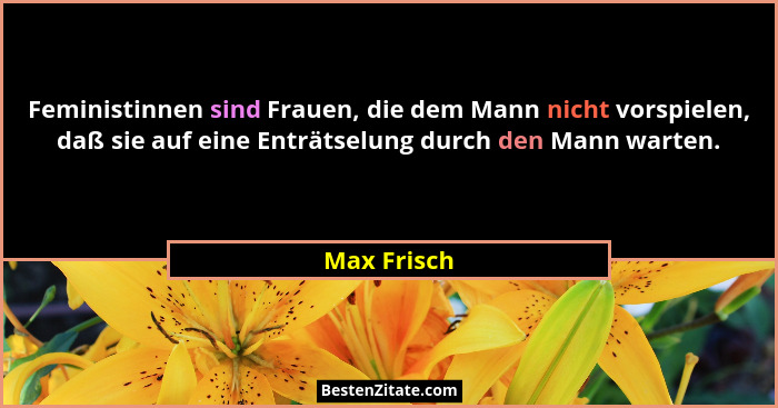 Feministinnen sind Frauen, die dem Mann nicht vorspielen, daß sie auf eine Enträtselung durch den Mann warten.... - Max Frisch