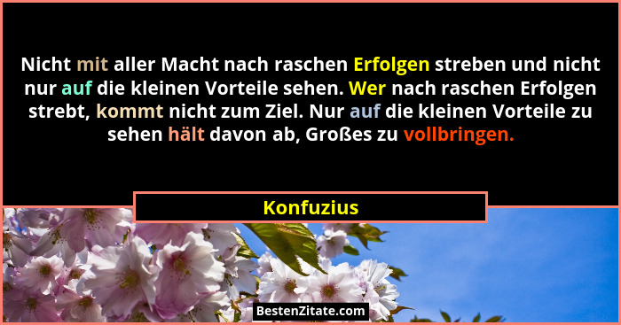 Nicht mit aller Macht nach raschen Erfolgen streben und nicht nur auf die kleinen Vorteile sehen. Wer nach raschen Erfolgen strebt, kommt... - Konfuzius