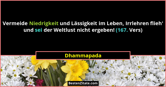 Vermeide Niedrigkeit und Lässigkeit im Leben, Irrlehren flieh' und sei der Weltlust nicht ergeben! (167. Vers)... - Dhammapada
