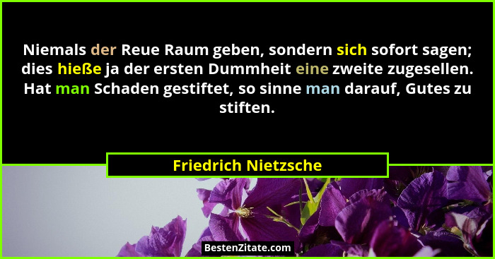 Niemals der Reue Raum geben, sondern sich sofort sagen; dies hieße ja der ersten Dummheit eine zweite zugesellen. Hat man Schade... - Friedrich Nietzsche