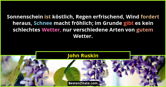 Sonnenschein ist köstlich, Regen erfrischend, Wind fordert heraus, Schnee macht fröhlich; im Grunde gibt es kein schlechtes Wetter, nur... - John Ruskin