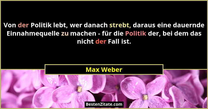 Von der Politik lebt, wer danach strebt, daraus eine dauernde Einnahmequelle zu machen - für die Politik der, bei dem das nicht der Fall i... - Max Weber