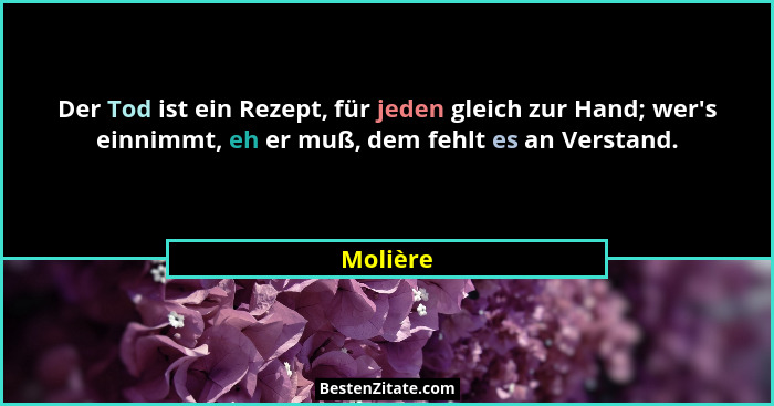 Der Tod ist ein Rezept, für jeden gleich zur Hand; wer's einnimmt, eh er muß, dem fehlt es an Verstand.... - Molière