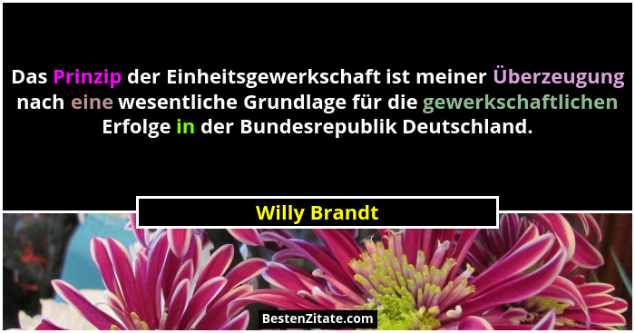 Das Prinzip der Einheitsgewerkschaft ist meiner Überzeugung nach eine wesentliche Grundlage für die gewerkschaftlichen Erfolge in der B... - Willy Brandt