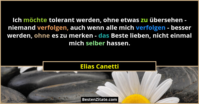 Ich möchte tolerant werden, ohne etwas zu übersehen - niemand verfolgen, auch wenn alle mich verfolgen - besser werden, ohne es zu mer... - Elias Canetti