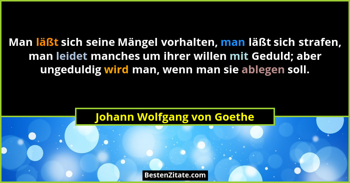 Man läßt sich seine Mängel vorhalten, man läßt sich strafen, man leidet manches um ihrer willen mit Geduld; aber ungeduld... - Johann Wolfgang von Goethe