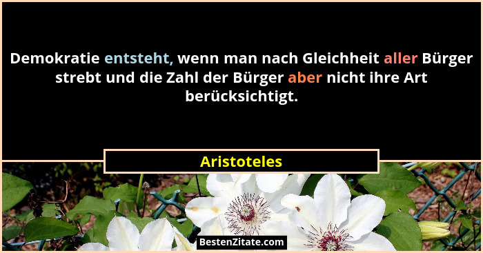 Demokratie entsteht, wenn man nach Gleichheit aller Bürger strebt und die Zahl der Bürger aber nicht ihre Art berücksichtigt.... - Aristoteles