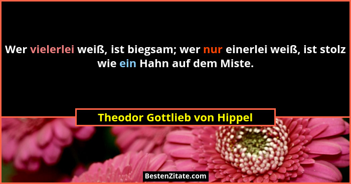 Wer vielerlei weiß, ist biegsam; wer nur einerlei weiß, ist stolz wie ein Hahn auf dem Miste.... - Theodor Gottlieb von Hippel