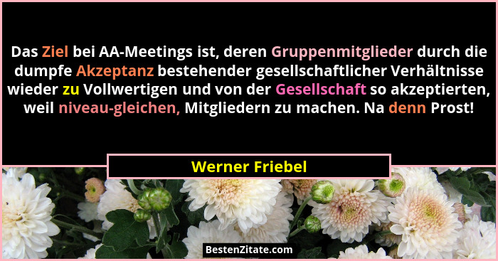 Das Ziel bei AA-Meetings ist, deren Gruppenmitglieder durch die dumpfe Akzeptanz bestehender gesellschaftlicher Verhältnisse wieder z... - Werner Friebel