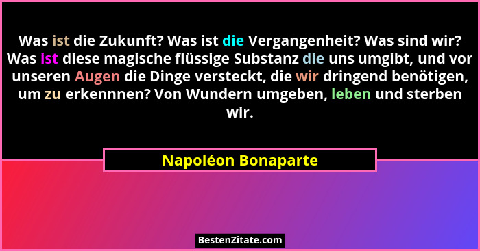 Was ist die Zukunft? Was ist die Vergangenheit? Was sind wir? Was ist diese magische flüssige Substanz die uns umgibt, und vor un... - Napoléon Bonaparte