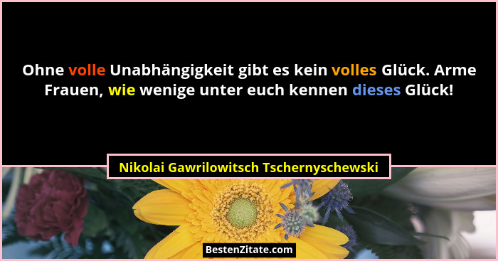 Ohne volle Unabhängigkeit gibt es kein volles Glück. Arme Frauen, wie wenige unter euch kennen dieses Glück!... - Nikolai Gawrilowitsch Tschernyschewski
