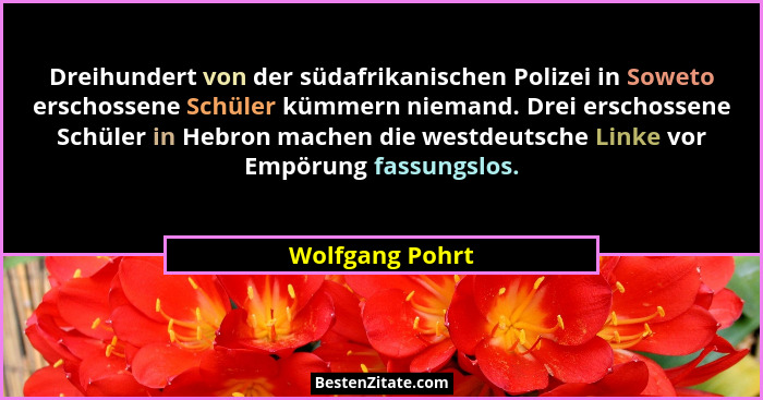 Dreihundert von der südafrikanischen Polizei in Soweto erschossene Schüler kümmern niemand. Drei erschossene Schüler in Hebron machen... - Wolfgang Pohrt