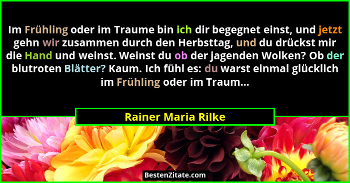 Im Frühling oder im Traume bin ich dir begegnet einst, und jetzt gehn wir zusammen durch den Herbsttag, und du drückst mir die Ha... - Rainer Maria Rilke