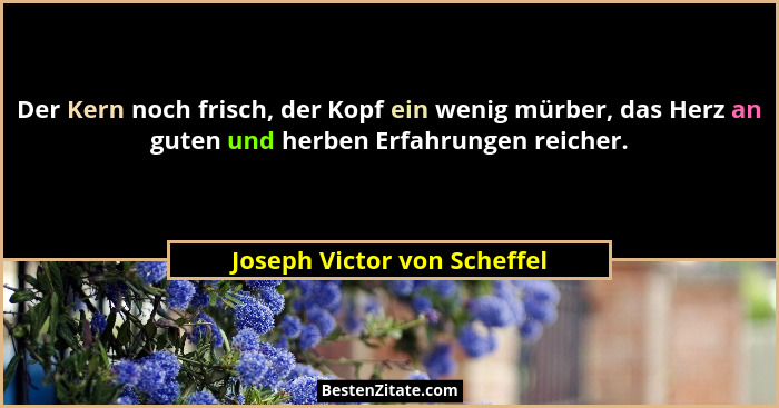 Der Kern noch frisch, der Kopf ein wenig mürber, das Herz an guten und herben Erfahrungen reicher.... - Joseph Victor von Scheffel