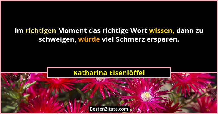 Im richtigen Moment das richtige Wort wissen, dann zu schweigen, würde viel Schmerz ersparen.... - Katharina Eisenlöffel