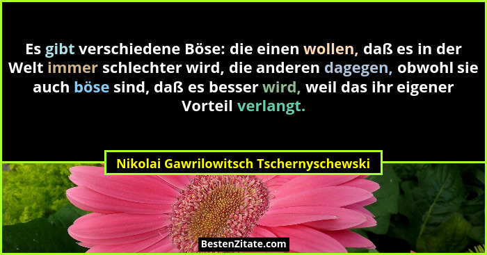 Es gibt verschiedene Böse: die einen wollen, daß es in der Welt immer schlechter wird, die anderen dagegen, o... - Nikolai Gawrilowitsch Tschernyschewski