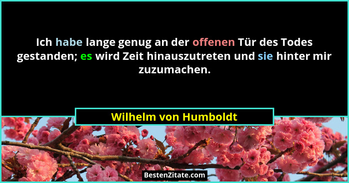 Ich habe lange genug an der offenen Tür des Todes gestanden; es wird Zeit hinauszutreten und sie hinter mir zuzumachen.... - Wilhelm von Humboldt