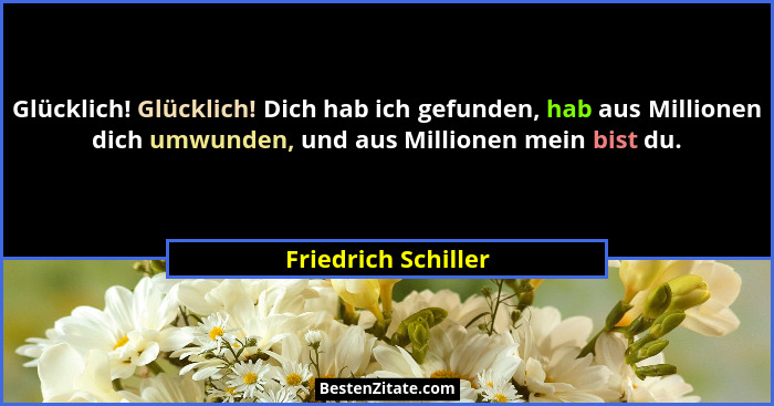 Glücklich! Glücklich! Dich hab ich gefunden, hab aus Millionen dich umwunden, und aus Millionen mein bist du.... - Friedrich Schiller