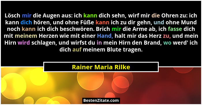 Lösch mir die Augen aus: ich kann dich sehn, wirf mir die Ohren zu: ich kann dich hören, und ohne Füße kann ich zu dir gehn, und... - Rainer Maria Rilke