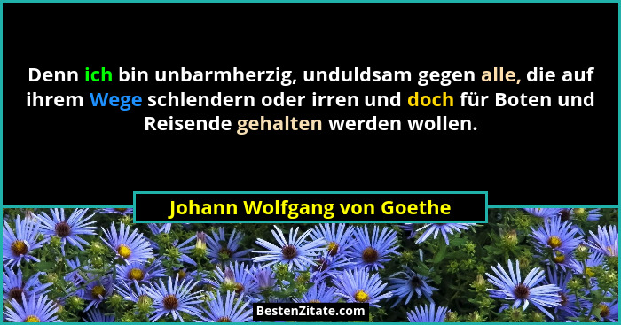Denn ich bin unbarmherzig, unduldsam gegen alle, die auf ihrem Wege schlendern oder irren und doch für Boten und Reisende... - Johann Wolfgang von Goethe