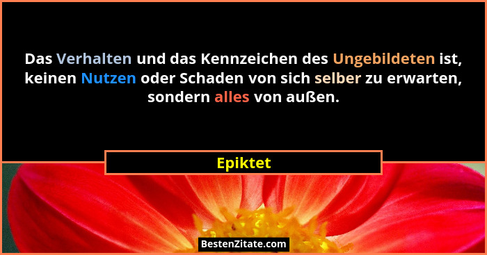 Das Verhalten und das Kennzeichen des Ungebildeten ist, keinen Nutzen oder Schaden von sich selber zu erwarten, sondern alles von außen.... - Epiktet