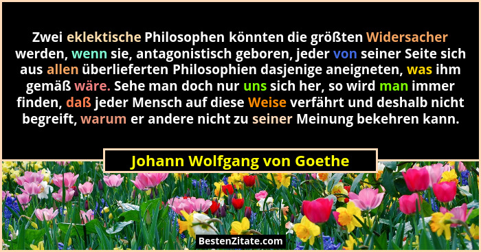 Zwei eklektische Philosophen könnten die größten Widersacher werden, wenn sie, antagonistisch geboren, jeder von seiner S... - Johann Wolfgang von Goethe