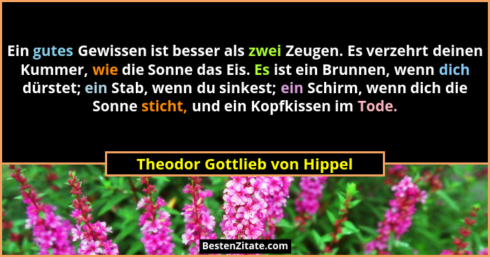 Ein gutes Gewissen ist besser als zwei Zeugen. Es verzehrt deinen Kummer, wie die Sonne das Eis. Es ist ein Brunnen, wen... - Theodor Gottlieb von Hippel