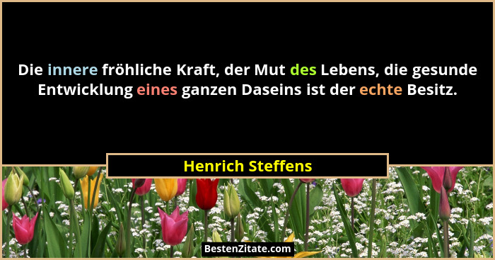 Die innere fröhliche Kraft, der Mut des Lebens, die gesunde Entwicklung eines ganzen Daseins ist der echte Besitz.... - Henrich Steffens