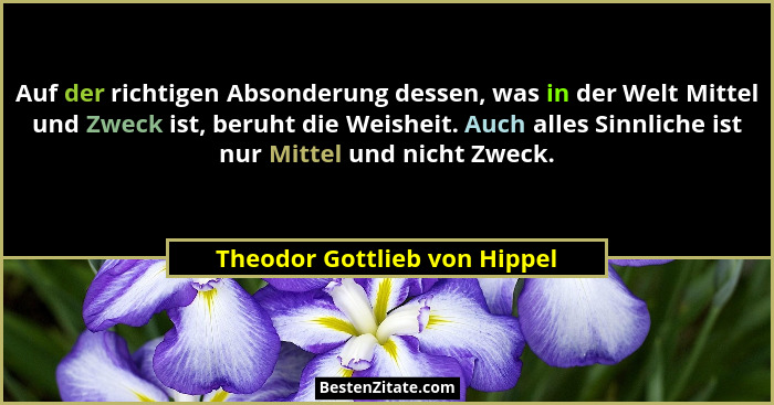 Auf der richtigen Absonderung dessen, was in der Welt Mittel und Zweck ist, beruht die Weisheit. Auch alles Sinnliche is... - Theodor Gottlieb von Hippel