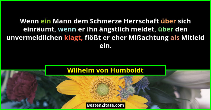 Wenn ein Mann dem Schmerze Herrschaft über sich einräumt, wenn er ihn ängstlich meidet, über den unvermeidlichen klagt, flößt e... - Wilhelm von Humboldt