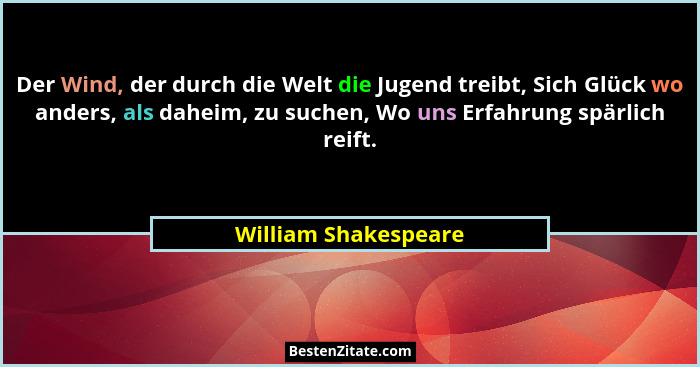 Der Wind, der durch die Welt die Jugend treibt, Sich Glück wo anders, als daheim, zu suchen, Wo uns Erfahrung spärlich reift.... - William Shakespeare