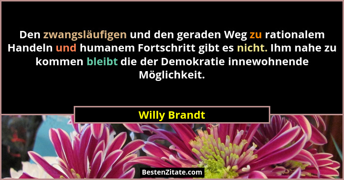 Den zwangsläufigen und den geraden Weg zu rationalem Handeln und humanem Fortschritt gibt es nicht. Ihm nahe zu kommen bleibt die der D... - Willy Brandt