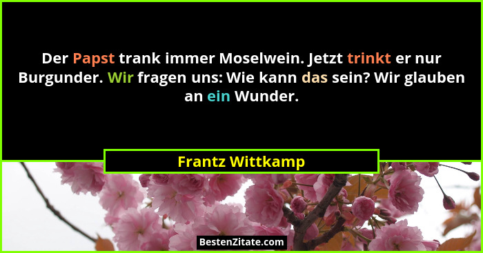 Der Papst trank immer Moselwein. Jetzt trinkt er nur Burgunder. Wir fragen uns: Wie kann das sein? Wir glauben an ein Wunder.... - Frantz Wittkamp