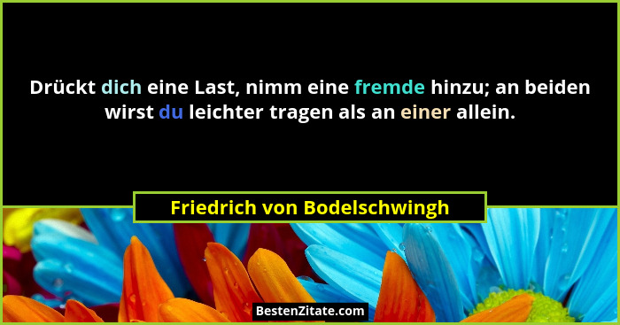 Drückt dich eine Last, nimm eine fremde hinzu; an beiden wirst du leichter tragen als an einer allein.... - Friedrich von Bodelschwingh