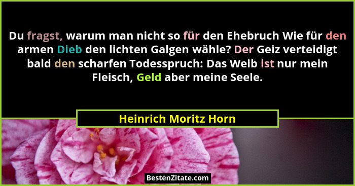 Du fragst, warum man nicht so für den Ehebruch Wie für den armen Dieb den lichten Galgen wähle? Der Geiz verteidigt bald den sc... - Heinrich Moritz Horn