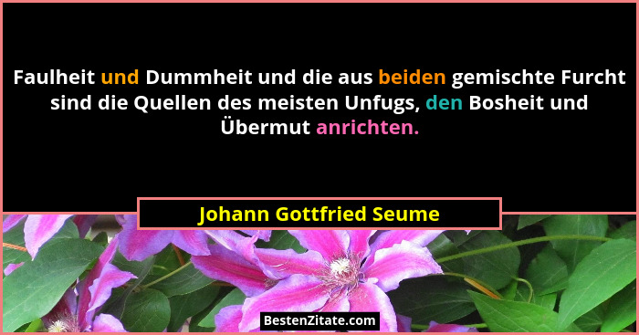 Faulheit und Dummheit und die aus beiden gemischte Furcht sind die Quellen des meisten Unfugs, den Bosheit und Übermut anrich... - Johann Gottfried Seume