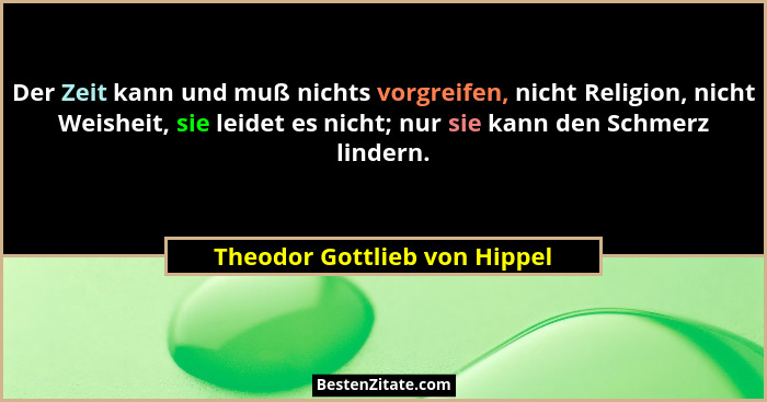 Der Zeit kann und muß nichts vorgreifen, nicht Religion, nicht Weisheit, sie leidet es nicht; nur sie kann den Schmerz l... - Theodor Gottlieb von Hippel