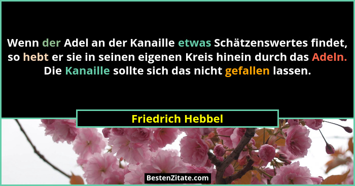 Wenn der Adel an der Kanaille etwas Schätzenswertes findet, so hebt er sie in seinen eigenen Kreis hinein durch das Adeln. Die Kana... - Friedrich Hebbel