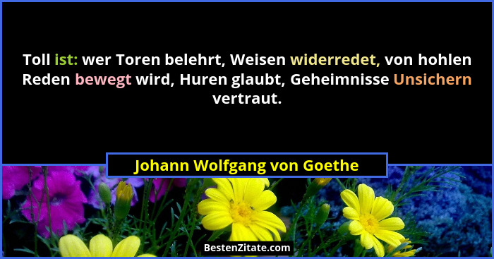 Toll ist: wer Toren belehrt, Weisen widerredet, von hohlen Reden bewegt wird, Huren glaubt, Geheimnisse Unsichern vertrau... - Johann Wolfgang von Goethe