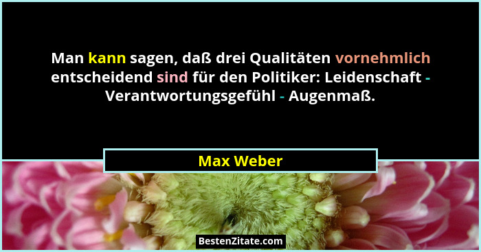 Man kann sagen, daß drei Qualitäten vornehmlich entscheidend sind für den Politiker: Leidenschaft - Verantwortungsgefühl - Augenmaß.... - Max Weber