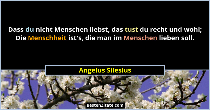 Dass du nicht Menschen liebst, das tust du recht und wohl; Die Menschheit ist's, die man im Menschen lieben soll.... - Angelus Silesius