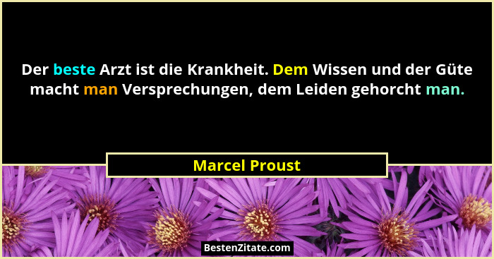Der beste Arzt ist die Krankheit. Dem Wissen und der Güte macht man Versprechungen, dem Leiden gehorcht man.... - Marcel Proust