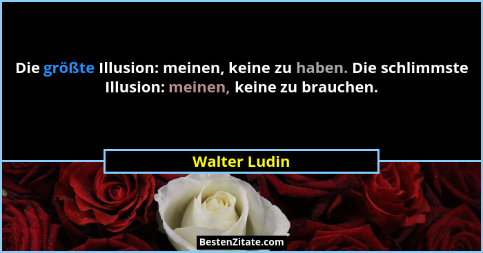Die größte Illusion: meinen, keine zu haben. Die schlimmste Illusion: meinen, keine zu brauchen.... - Walter Ludin