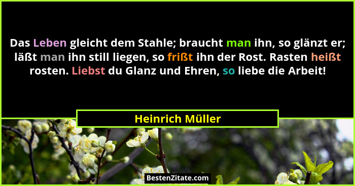 Das Leben gleicht dem Stahle; braucht man ihn, so glänzt er; läßt man ihn still liegen, so frißt ihn der Rost. Rasten heißt rosten.... - Heinrich Müller