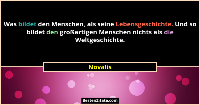 Was bildet den Menschen, als seine Lebensgeschichte. Und so bildet den großartigen Menschen nichts als die Weltgeschichte.... - Novalis